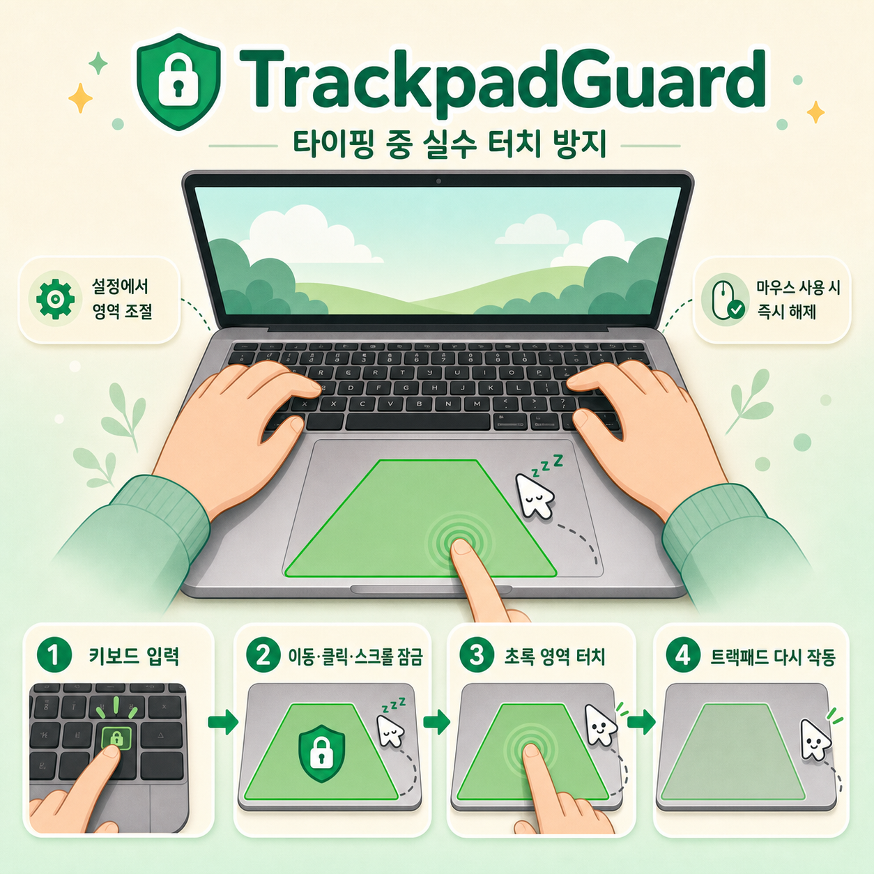 TrackpadGuard가 키보드 입력 중 트랙패드를 잠그고 초록 영역 터치로 해제되는 과정을 설명하는 그림